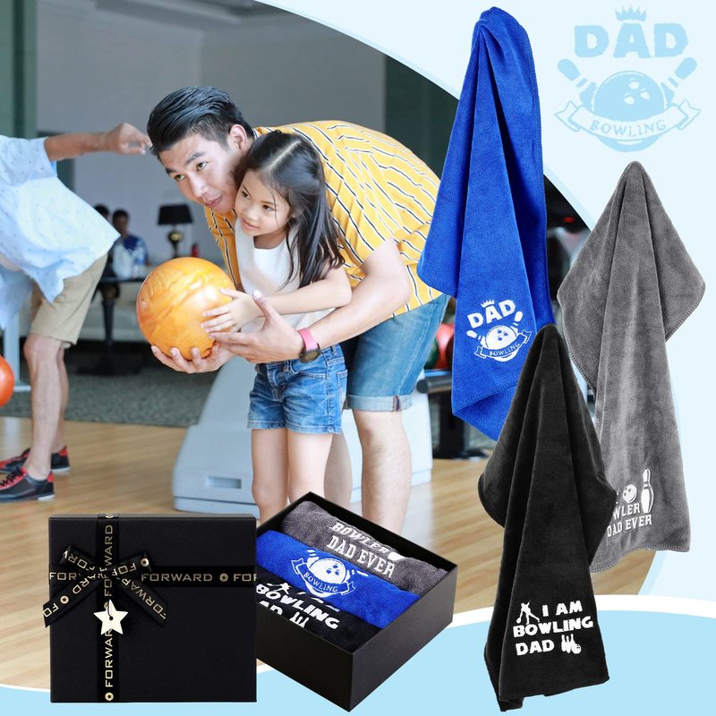 Newwiee 3 Pcs Bowling Towel Gifts for Dad with Box Accessories Funny Novelty Embroidered Patterned Bowling Gifts for Men Dad Christmas Father's Day