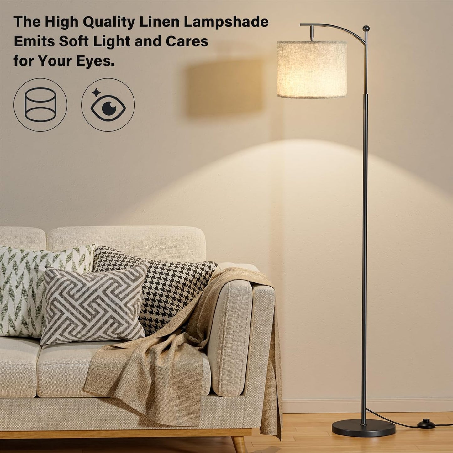 Modern 60" Floor Lamp with Remote Control & Dimmable LED Bulb - Beige Shade, Adjustable Brightness for Living Room