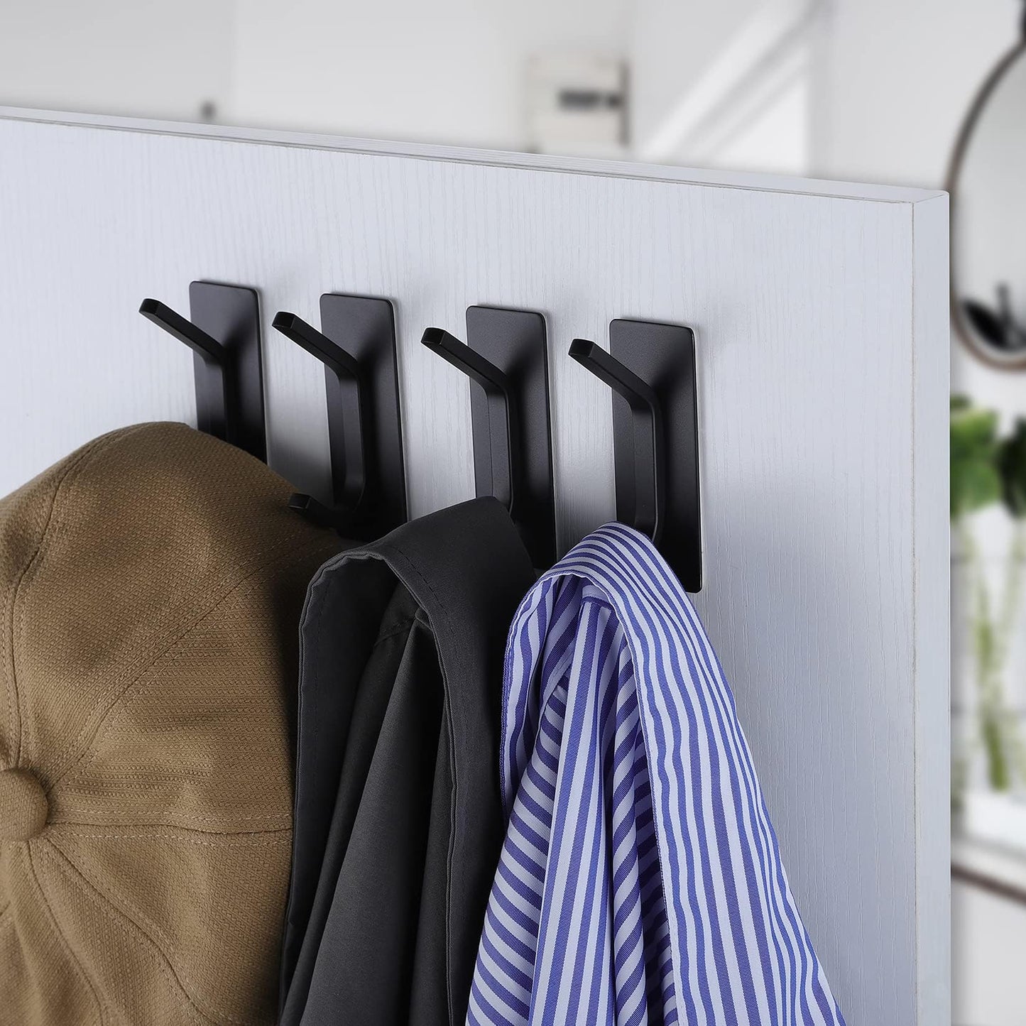 Taozun 4-Pack Black Stainless Steel Adhesive Hooks - Upgraded Strong Self-Adhesive Towel Hangers for Bathroom, Kitchen, and Bedroom