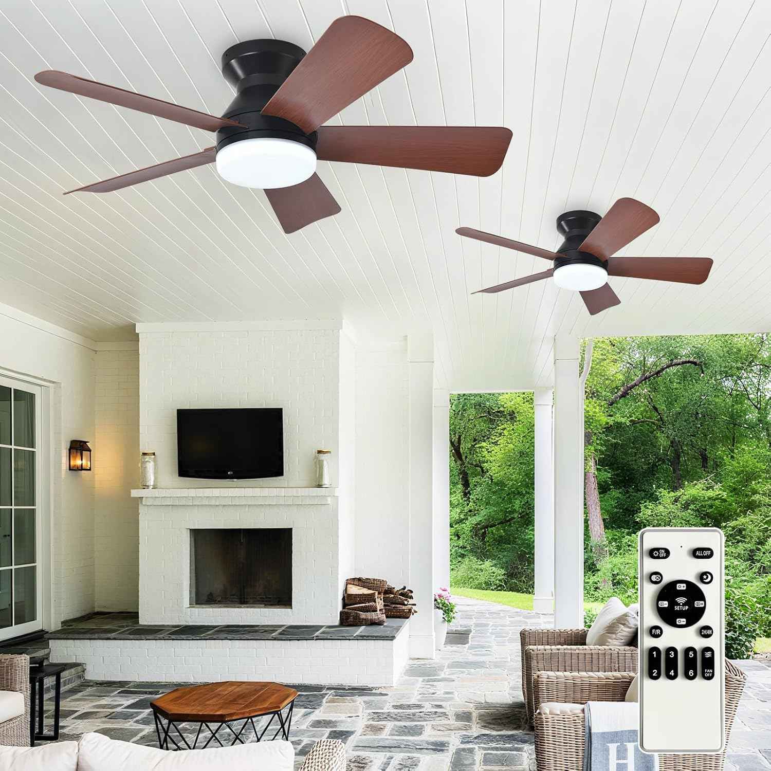 42-Inch Modern Black Ceiling Fan with Light & Remote - Dimmable Low Profile, 5 Reversible Walnut Blades, 6 Speeds for Indoor/Outdoor Use
