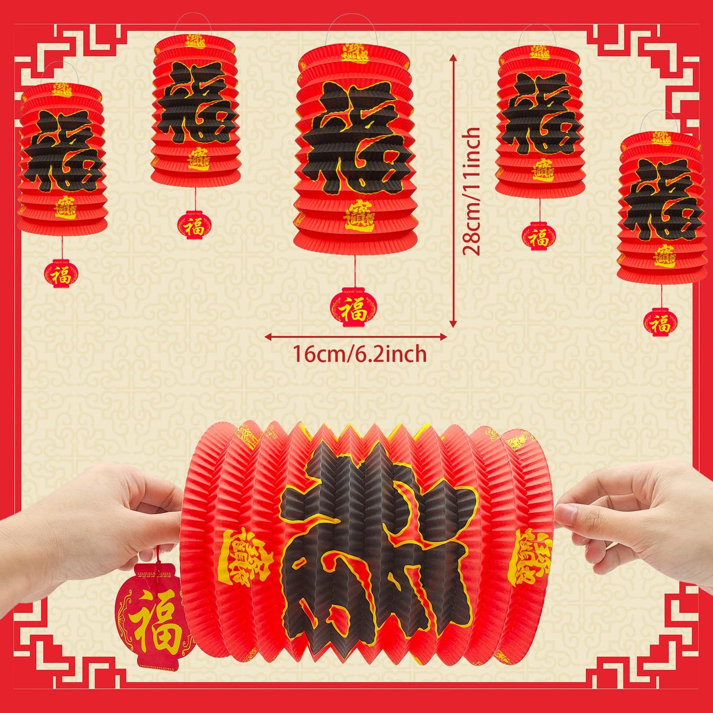 6Pcs Chinese New Year Decorations 2025, 6.3*9.8In Year of The Snake Red Fu Lanterns Lunar Spring Festival Ceiling Hanging Paper Lanterns Lamp Party Supplies Decor for Birthday Wedding Restaurant Store