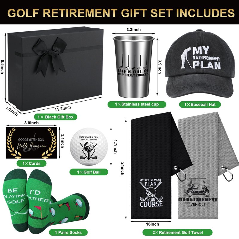 Skylety 8 Pcs Retirement Golf Gift Set for Men Include Stainless Steel Cup Cap Socks Card Towels Ball with Box for Dad Grandpa Golfer Lovers Fathers Day Golf Gifts