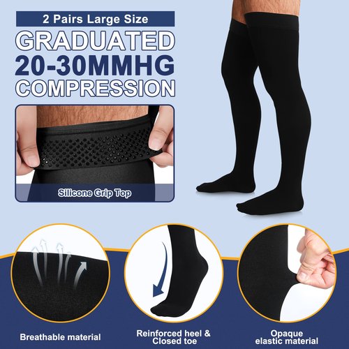 Zhanmai 2 Pairs Thigh High Men's Compression Socks 20-30 Mmhg Compression Stocking with Silicone Grip Men's Dress Socks (Large)