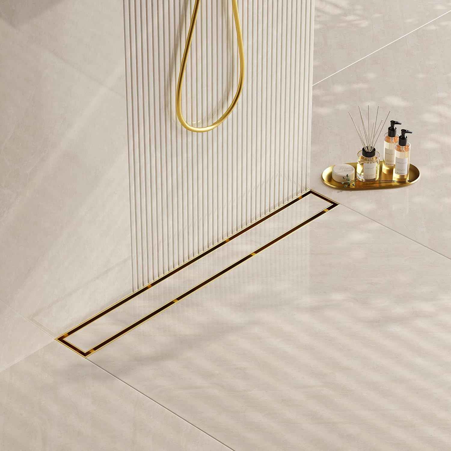 Neodrain 18-Inch Gold Linear Shower Drain - Brushed Brass, Tile Insert Cover & Hair Strainer