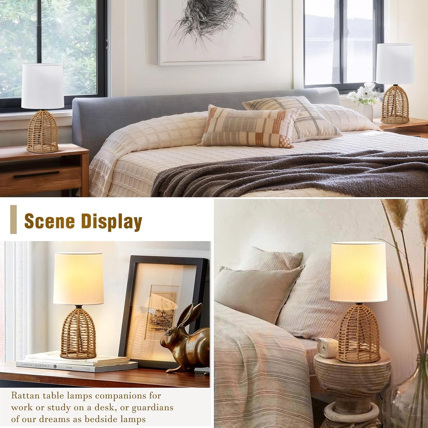 Boho Table Lamps Set of 2 - 13.5" Rustic Ceramic Bedside Lamps for Bedroom & Living Room