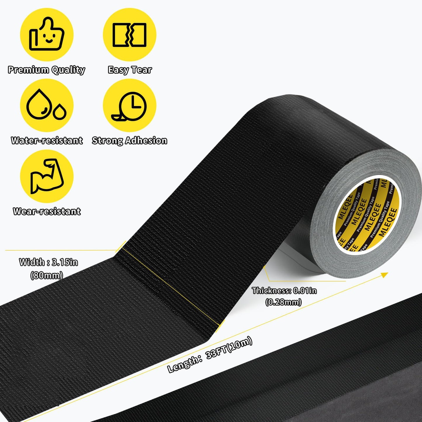MILEQEE Duct Tape Heavy Duty Single Sided, Strong Adhesive High Strength, Waterproof Mesh Tape for Indoor and Outdoor Repairing Sealing Bonding, Easy Use Hand Tearable, 3.15 Inch x 33 Feet, Black