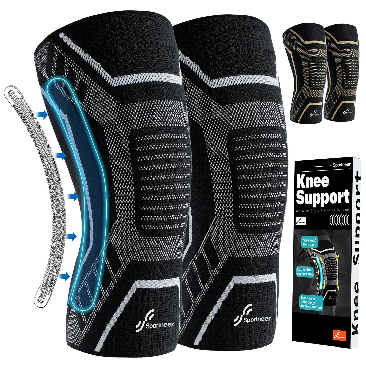 Sportneer Knee Brace with Dual Side Stabilizers – Maximum Support Compression Knee Sleeve for Men & Women, Anti-Slip Knee Support for Running, Workout, Arthritis, ACL & Pain Relief
