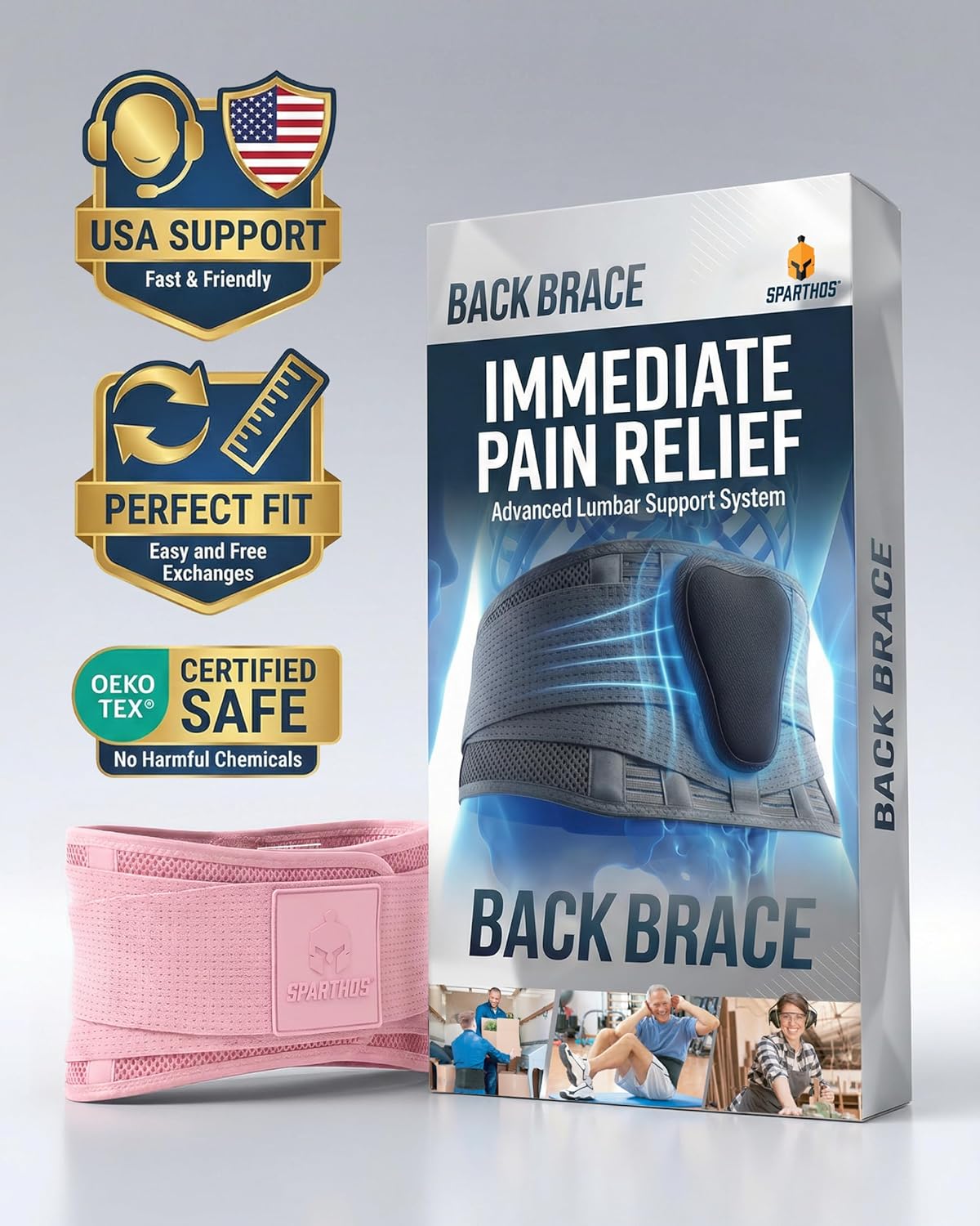 Sparthos Back Support Belt - Instant Relief for Back Pain & Herniated Discs - Breathable Lumbar Brace | Fits 24–31" Waist (Pink-XS)