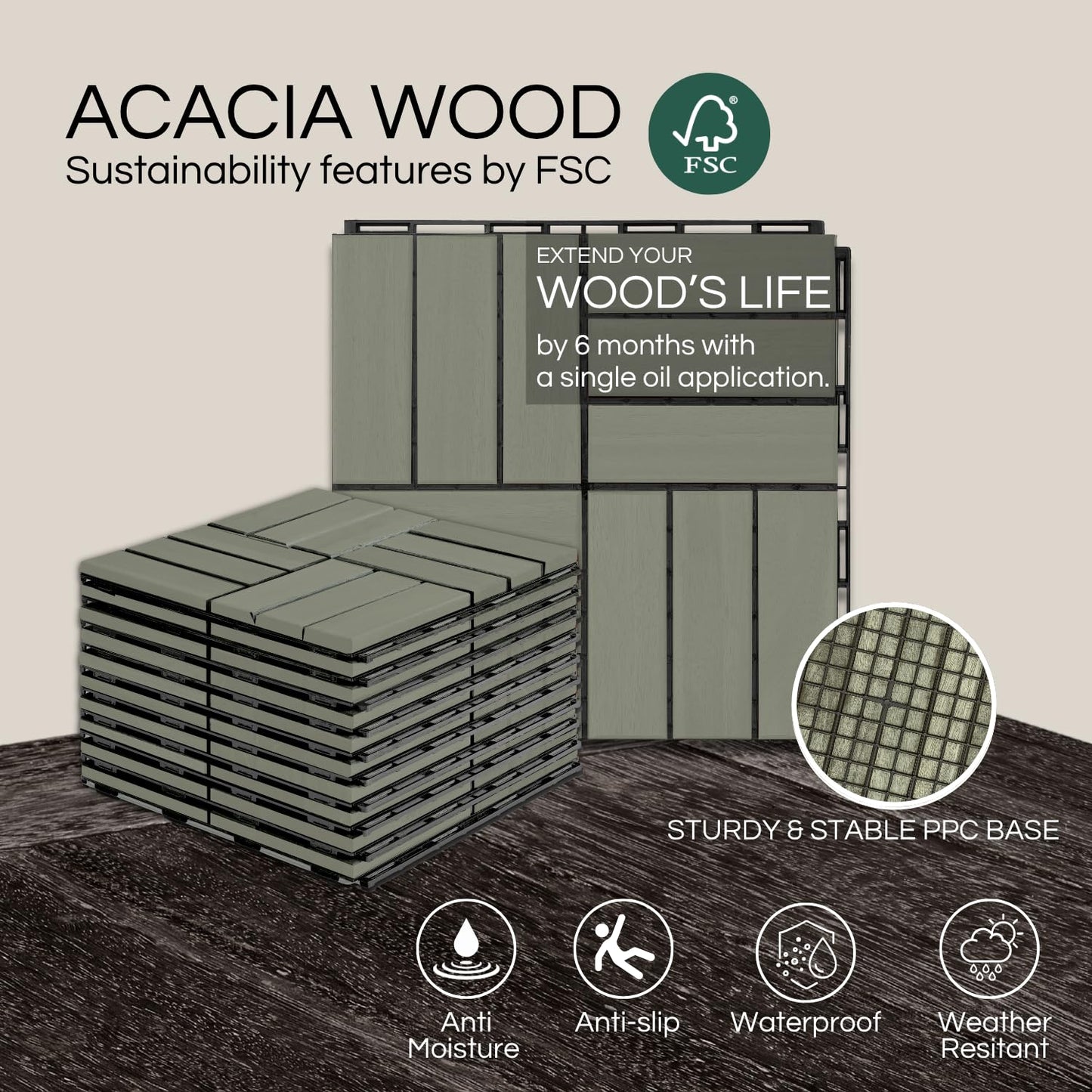 Outdoor Waterproof Acacia Wood Deck Tiles - 10 Pcs Patio Flooring for All Weather Use