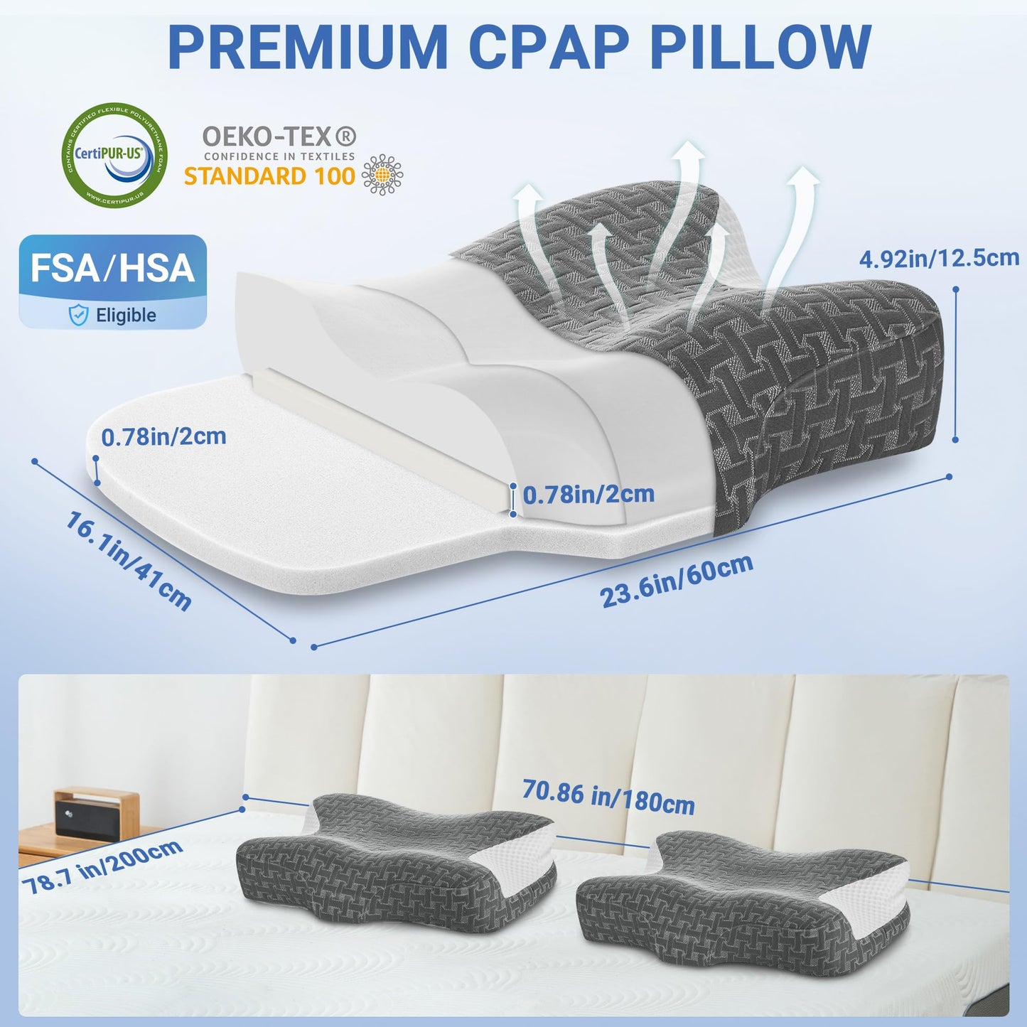 Elviros CPAP Pillow for Sleeping, HSA/FSA Ergonomic Adjustable Height Neck Support Memory Foam Bed Pillow for CPAP Users with Sleep Apnea, Suitable for Side and Back Sleepers