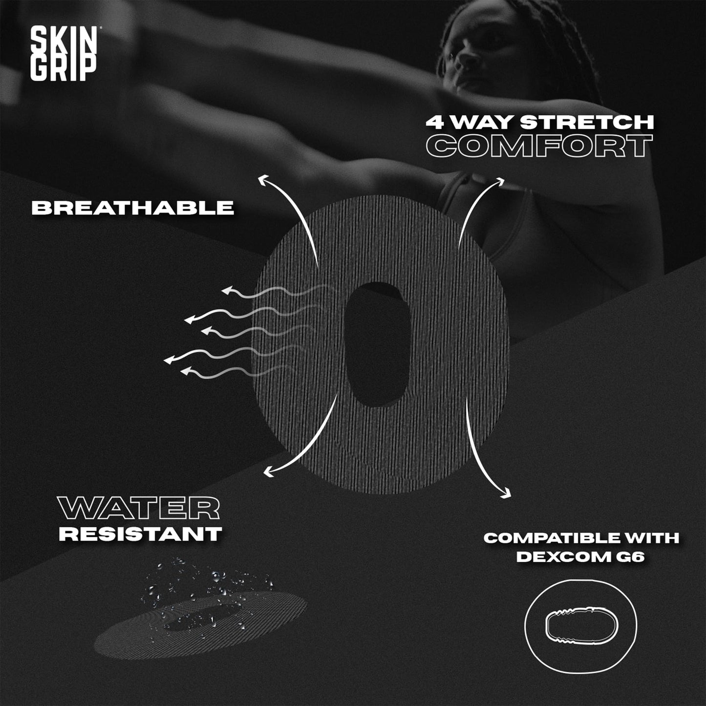 Skin Grip Adhesive Patch Compatible with Dexcom G6 Adhesive Patches Waterproof & Sweatproof with Cutout, Lasts 10-14 Days, Continuous Glucose Monitor Patch, CGM Sensor Cover – 20 Pack, Black