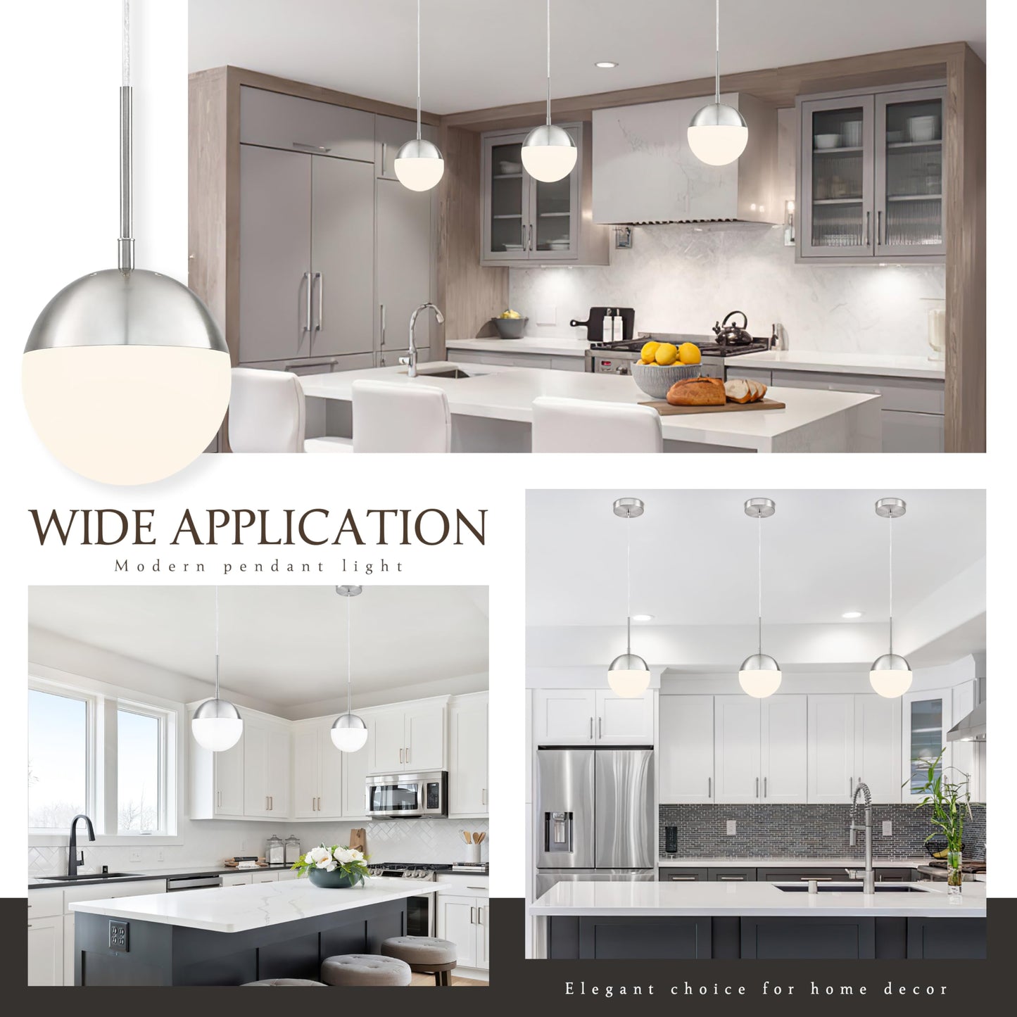 Mccokaige 6 Inch Nickel 2 Pack Mid Century Modern Pendant Light Pendants for Kitchen Island Frosted Milky White Glass Globe Height-Adjustable Modern Hanging Globe Pendant Light for Bedroom (Bulb Incl)