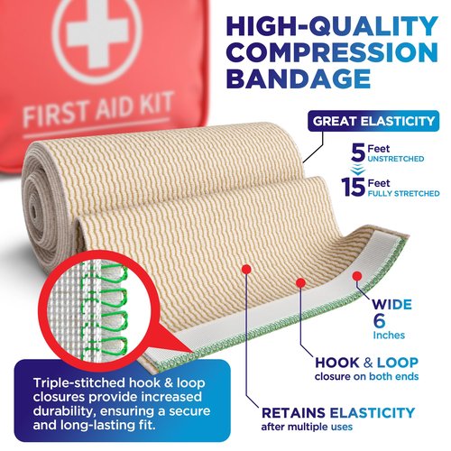 Premium Elastic Bandage Wrap - 6” (5pk) - Strong Compression - Self-Closing Reusable Bandages for Legs, Knee, Back, Abdomen, Lymphedema - Body Wrap - for First Aid Kit and After Surgery Recovery