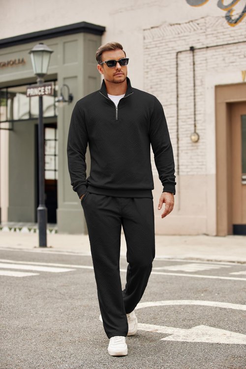 COOFANDY Men Tracksuits SweatSuit Fashion Quarter Zip Pullover Sweatshirts Geometric Texture Casual Long Pants