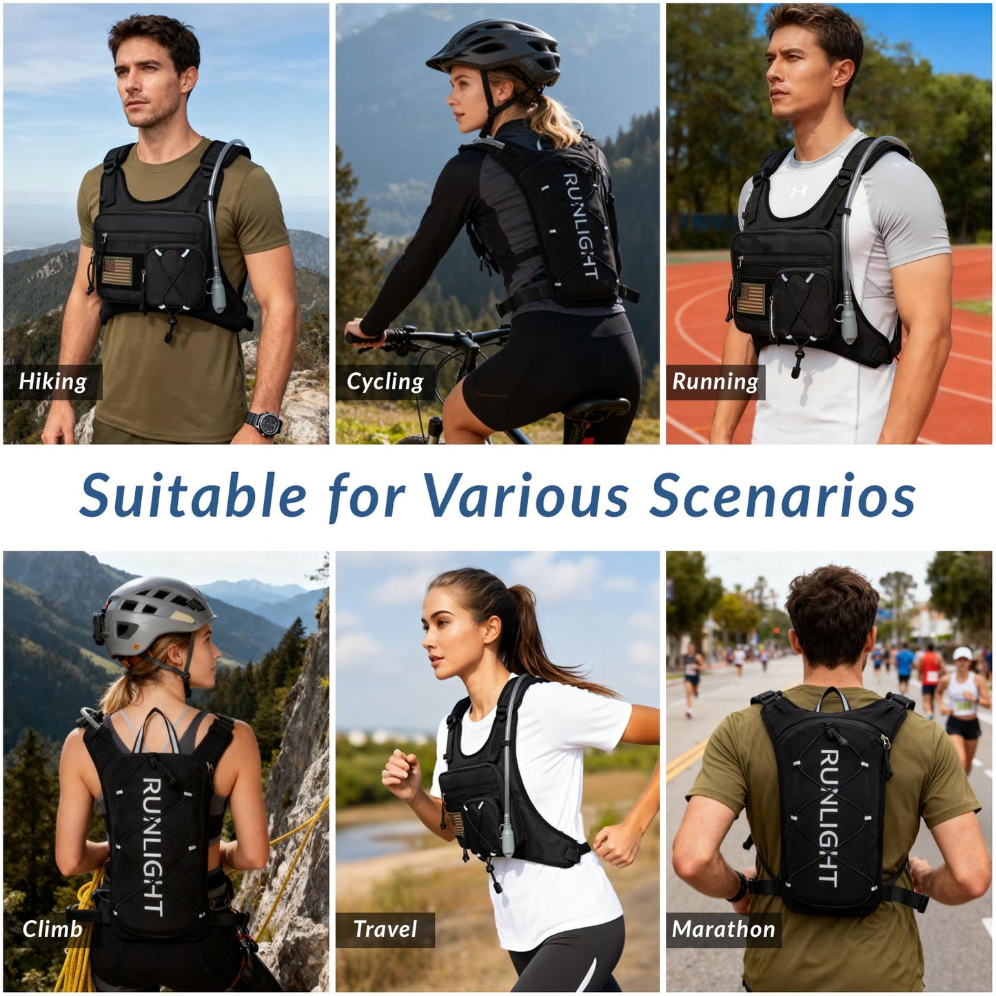 Runlight Running Vest,Lightweight Adjustable Chest Pack with Pistol Holster, Pack with 1.5L Water Bladder, Reflective Running Hydration Vest (Black, One Size)