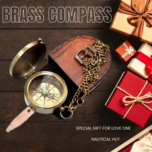 Engraved Brass Pocket Compass with Leather Case & Chain – “Not All Those Who Wander are Lost” – Vintage Navigation Compass Gift for Hiking, Graduation, Husband, or Son