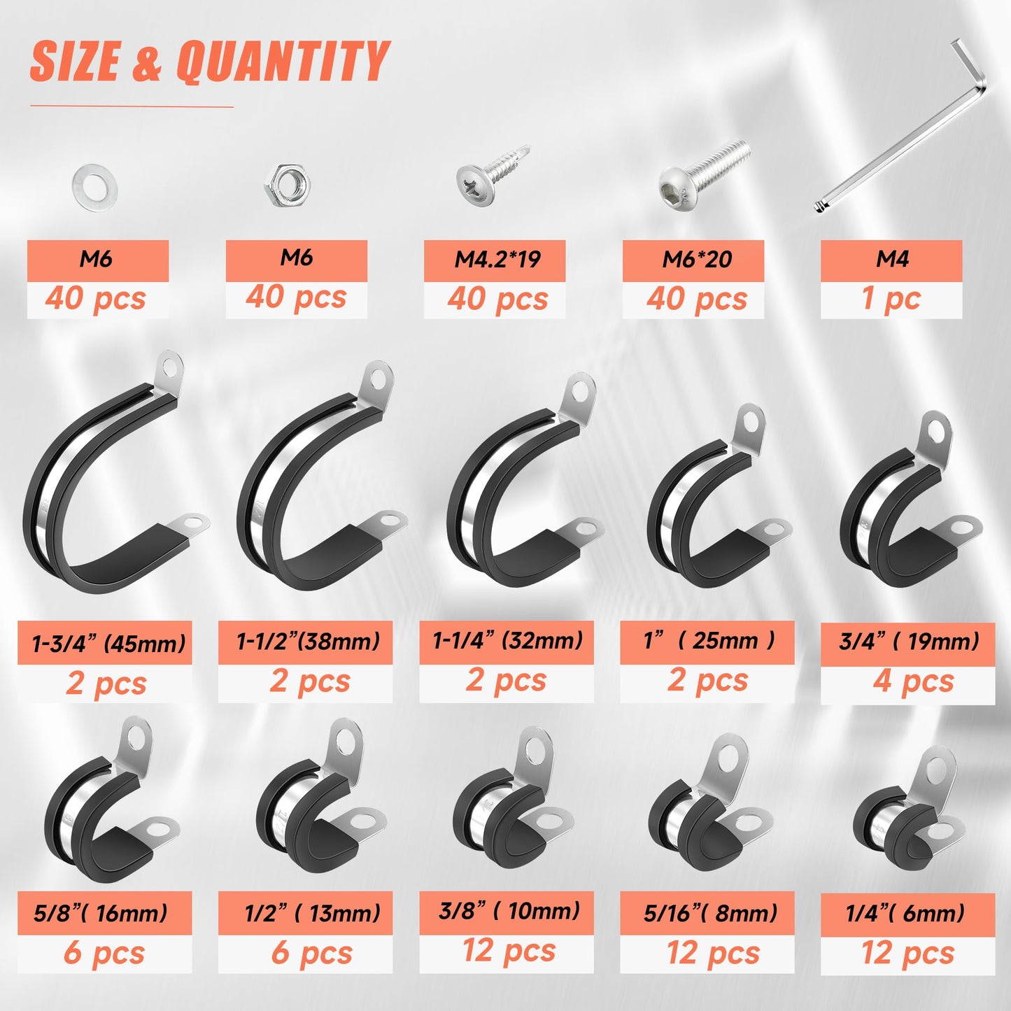 WYSIWYKA 220PCS Cable Clamps Assortment Kit 10 Sizes,304 Stainless Steel Rubber Cushion Pipe Clamps 1/4" 5/16" 3/8" 1/2" 5/8" 3/4" 1" 1-1/4" 1-1/2" 1-3/4" Metal Wire Clamps(With two kinds of screws)