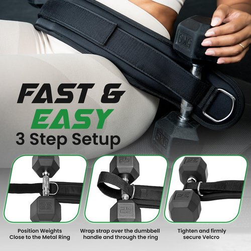 Heavy Duty Hip Thrust Belt for Dumbells, Kettlebells, and Plates - Glute Workout at Home, Gym, and Travel - Dip and Pullup Belt (Chain Included) Comfortable Padding, Double-Stitching (Black)