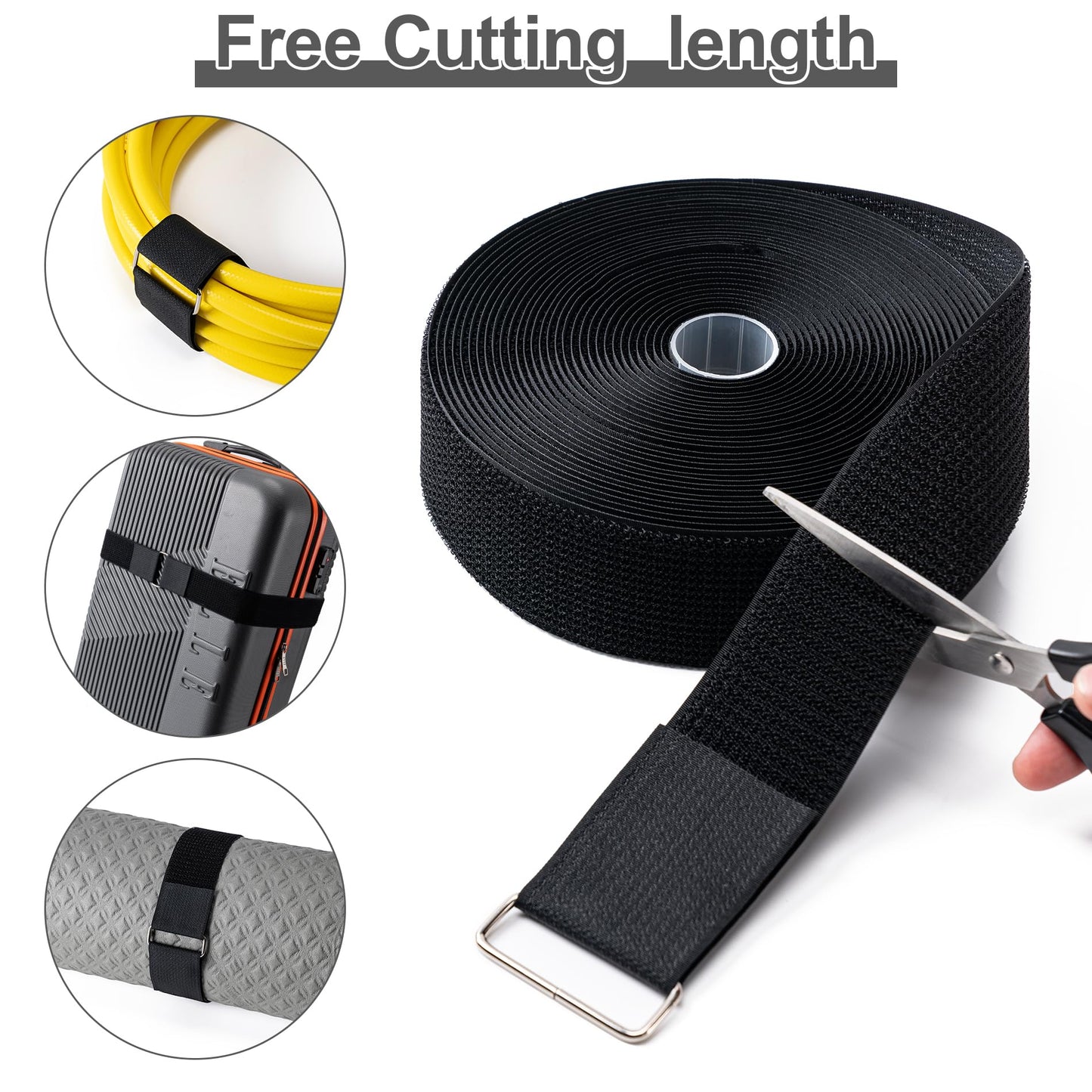 2" x16Ft Hook and Loop Straps with 12 Metal Buckles, Adjustable Fastening Cable Straps, Free Cut Length, Reusable Nylon Cable Ties for Organizer or Storage, 2 inch Wide Black