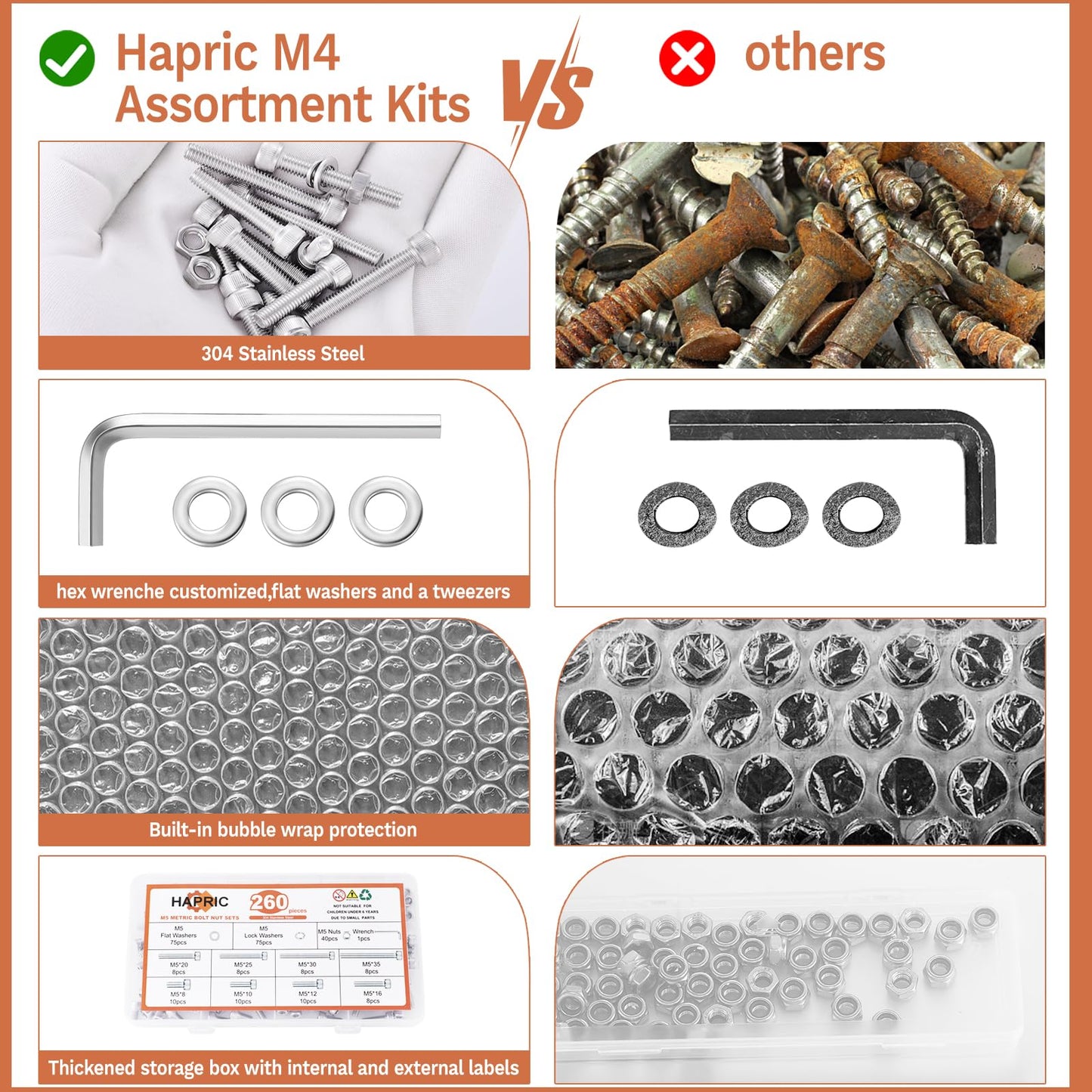 260 Pcs M5 Screws Assortment Kit, M5 Bolts Kit M5x 8/10/12/16/20/25/30/35mm, 304 Stainless Steel Hex Socket Head Screws Nuts Bolts and Washers Set