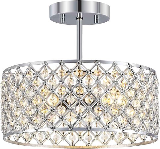 Modern Black Crystal Semi Flush Mount Ceiling Light Fixture - 11.2" Round Chandelier for Dining Room, Hallway, Kitchen & Bedroom
