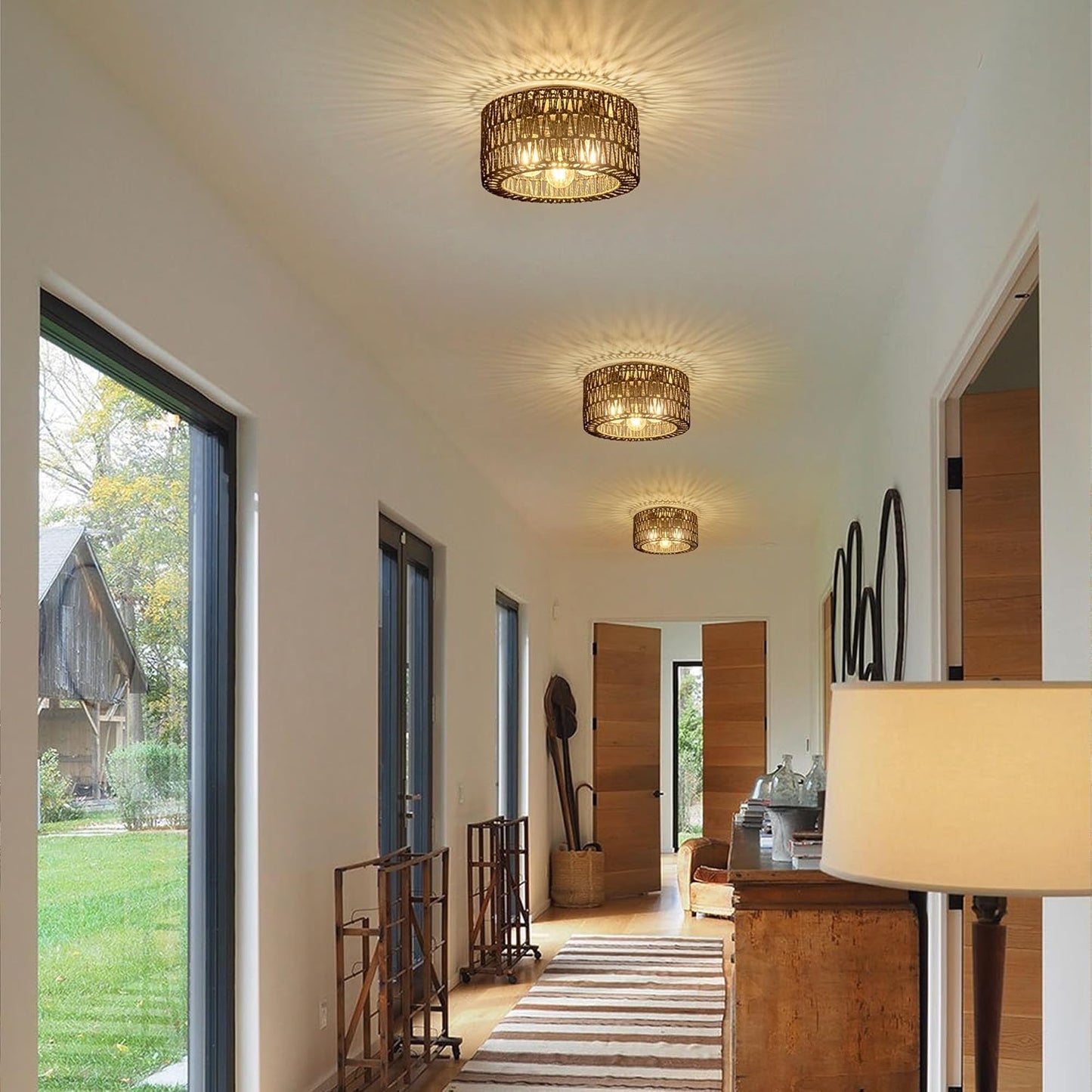 Bohemian Rattan Ceiling Light Fixture - 3-Light Woven Flush Mount for Bedroom & Living Room