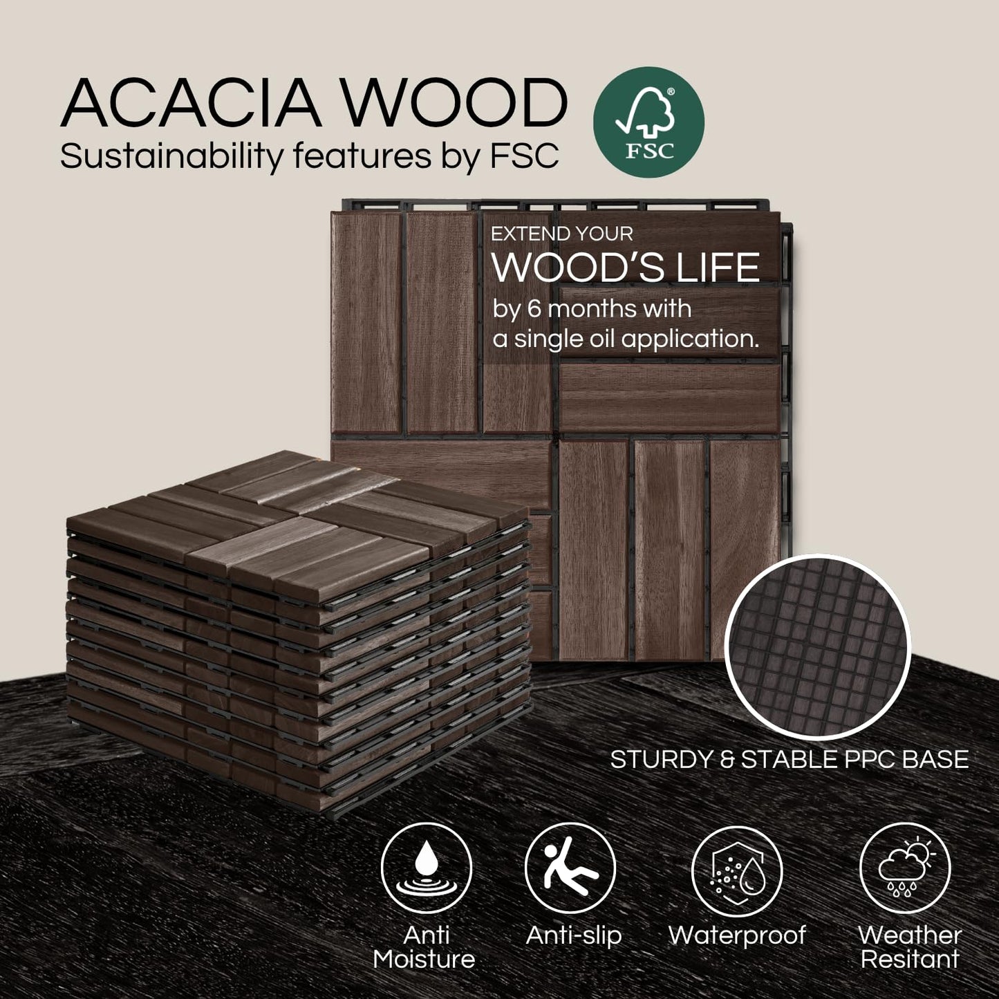 Outdoor Waterproof Acacia Wood Deck Tiles - 10 Pcs Patio Flooring for All Weather Use