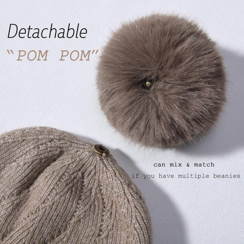 Knit Hat Scarf Set with Detachable Pom Pom, Wool Blend Winter Beanie & Long Scarf, Cold Weather Accessories for Women Beige
