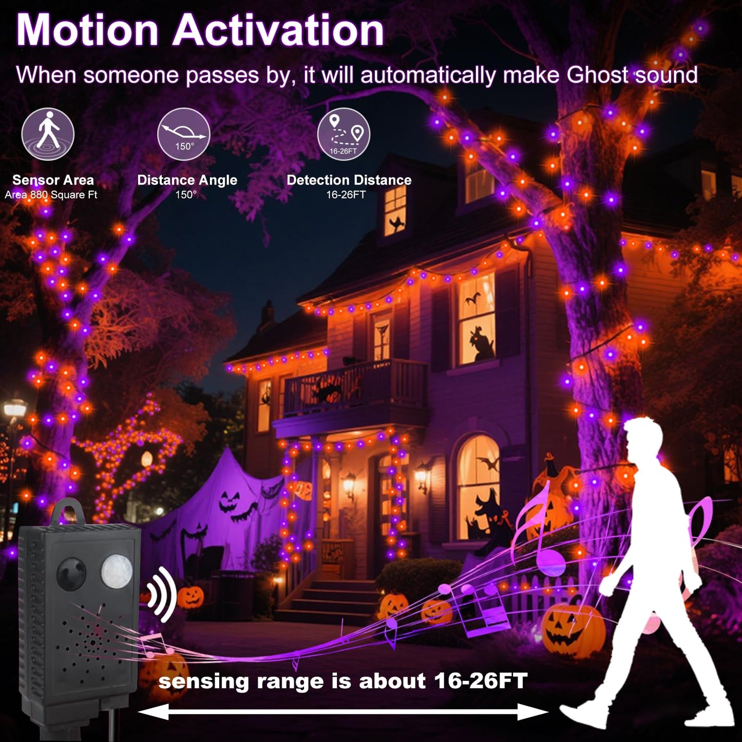 Connectable 400 LED Halloween String Lights, Motion Sensor Scary Sound 66Ft Orange and Purple Halloween Lights Outdoor Waterproof 4 Sound Effects for Yard Party Tree Decor