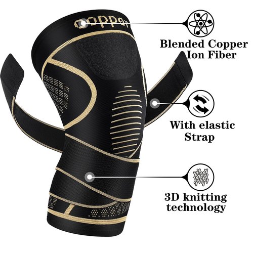 Copper Knee Braces with Strap for Knee Pain Women and Men(2 Pack), Knee Compression Sleeve for Arthritis, ACL, Meniscus Tear, Joint Pain Relief, Knee Support for Working, Running, Weightlifting(L)