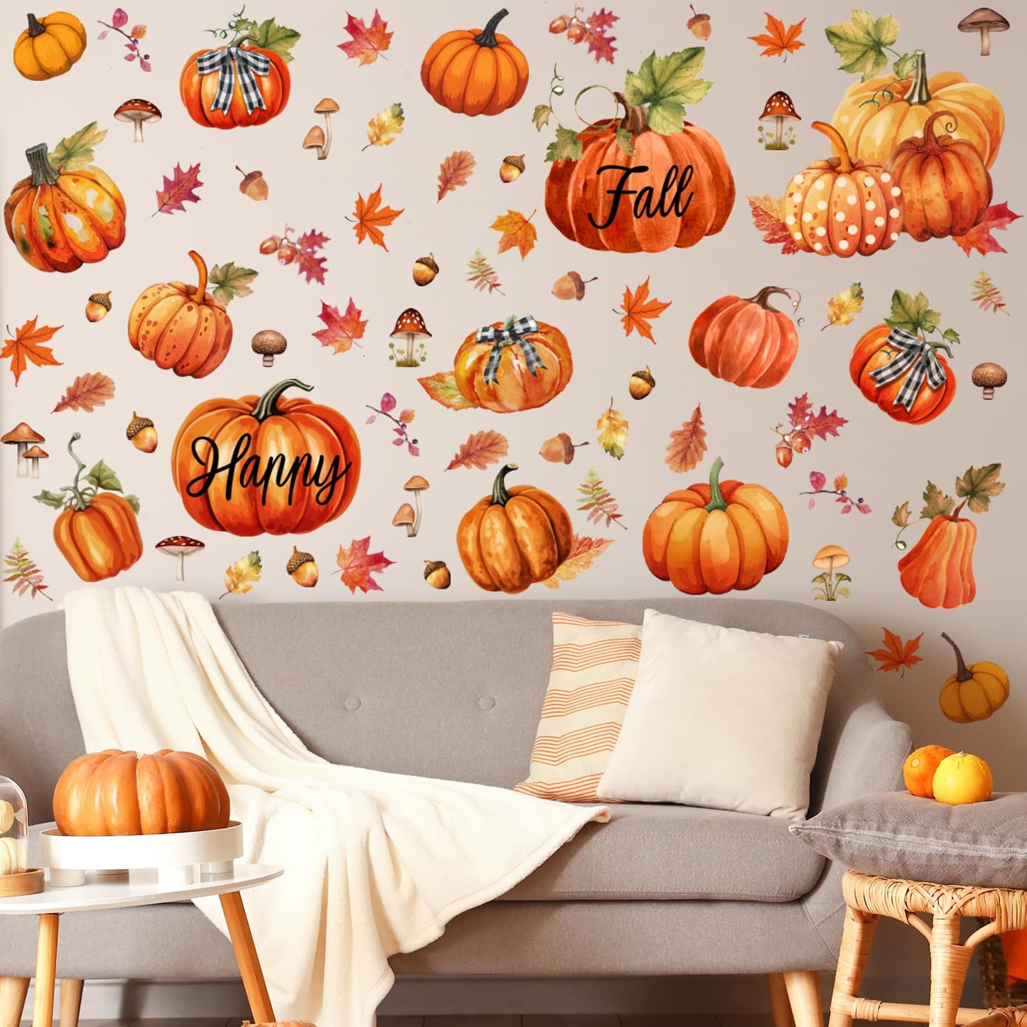 Eersida 6 Sheets 89 Pcs Fall Wall Stickers Oil Painting Pumpkin Wall Decals Maple Leaves Decals Stickers for Autumn Glass Thanksgiving Home Decor and Fall Decoration Kitchen Living Room