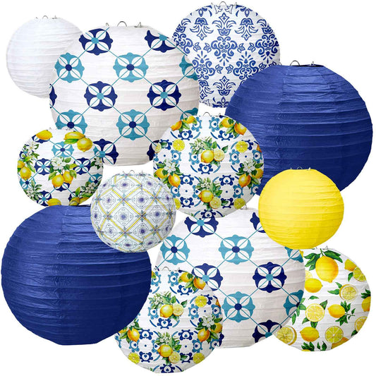 Rossesay 12 Pcs Paper Lantern Kit Amalfi Coast Capri Positano Lemon Party Supplies Summer Mediterranean Decorations Yellow Green White Lemon Pattern for Baby Shower Wedding Birthday Decorations