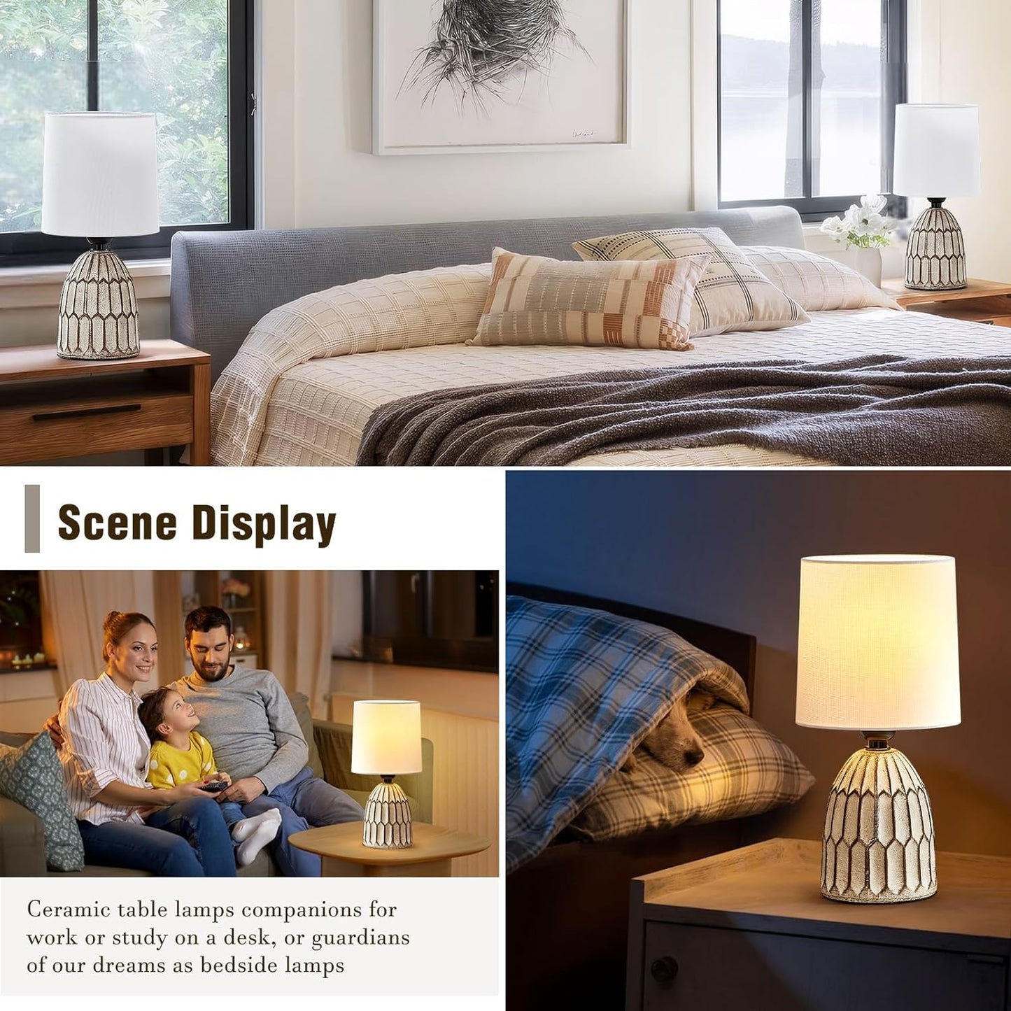 Boho Table Lamps Set of 2 - 13.5" Rustic Ceramic Bedside Lamps for Bedroom & Living Room