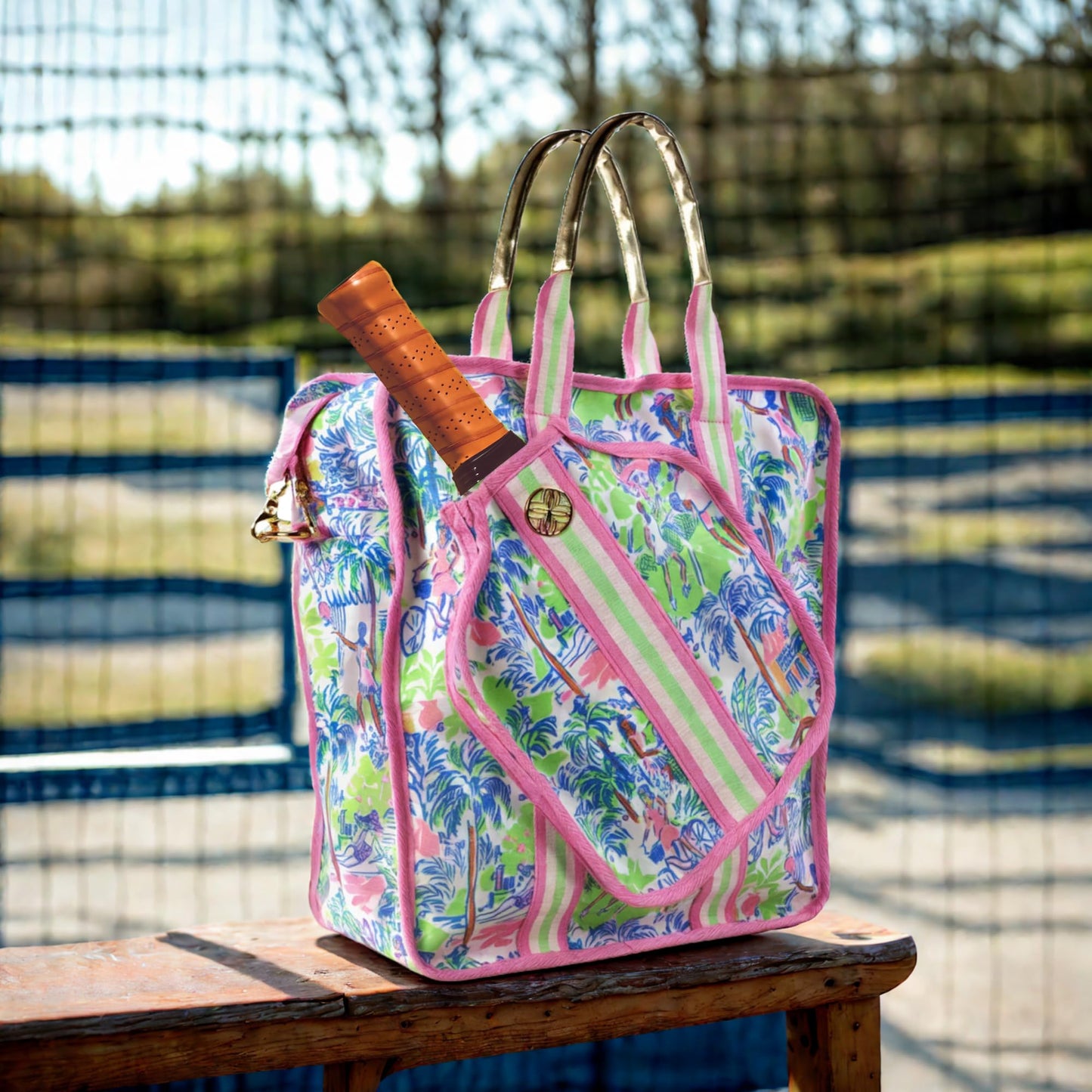 Lilly Pulitzer Pickleball Bag for Women with Storage for 2 Paddles, Zipper Pocket, Waterbottle Sleeve and Gold Details, Serving it Up
