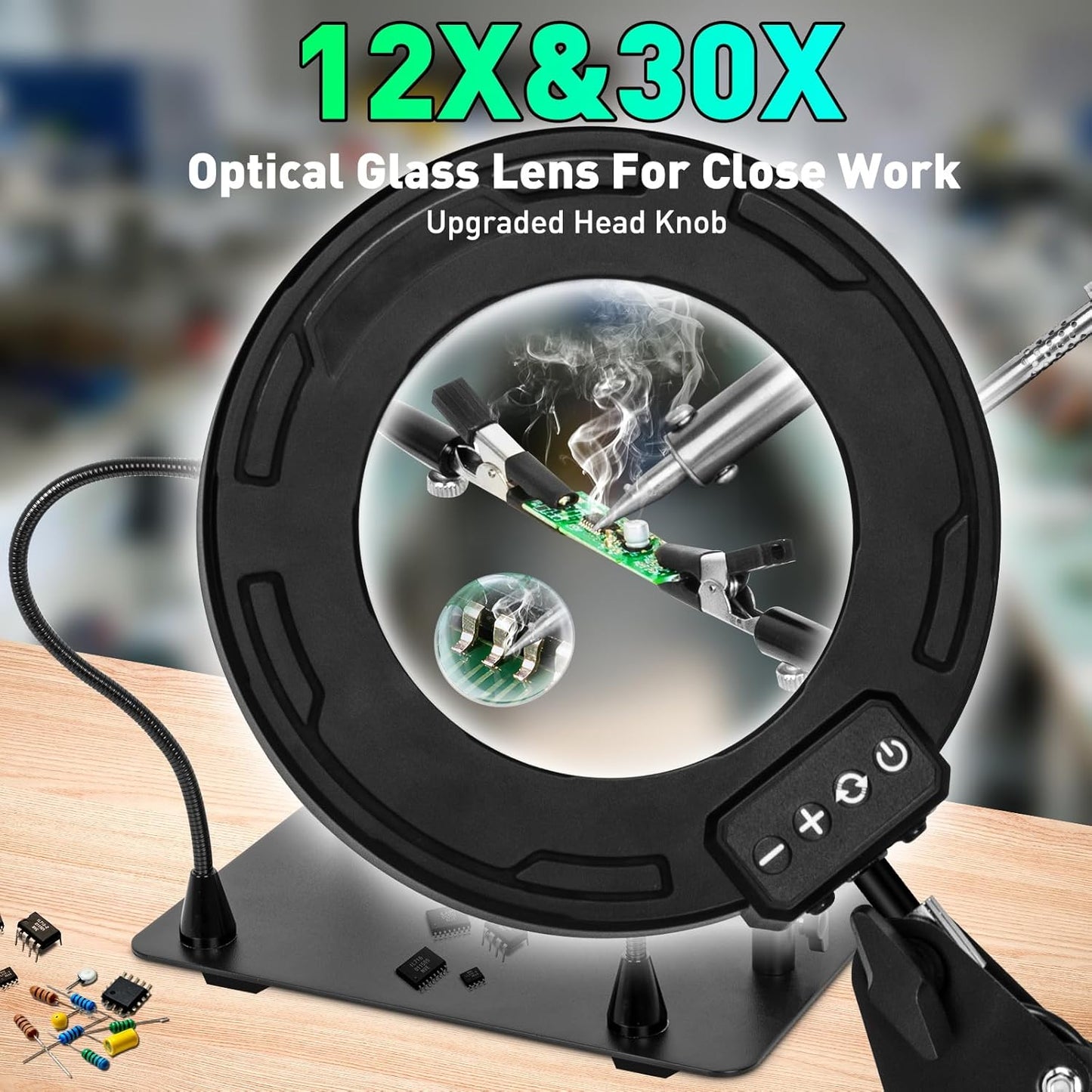 30X/12X LED Magnifying Glass with Light & Stand - Dimmable Soldering Helper for Crafts & Repairs