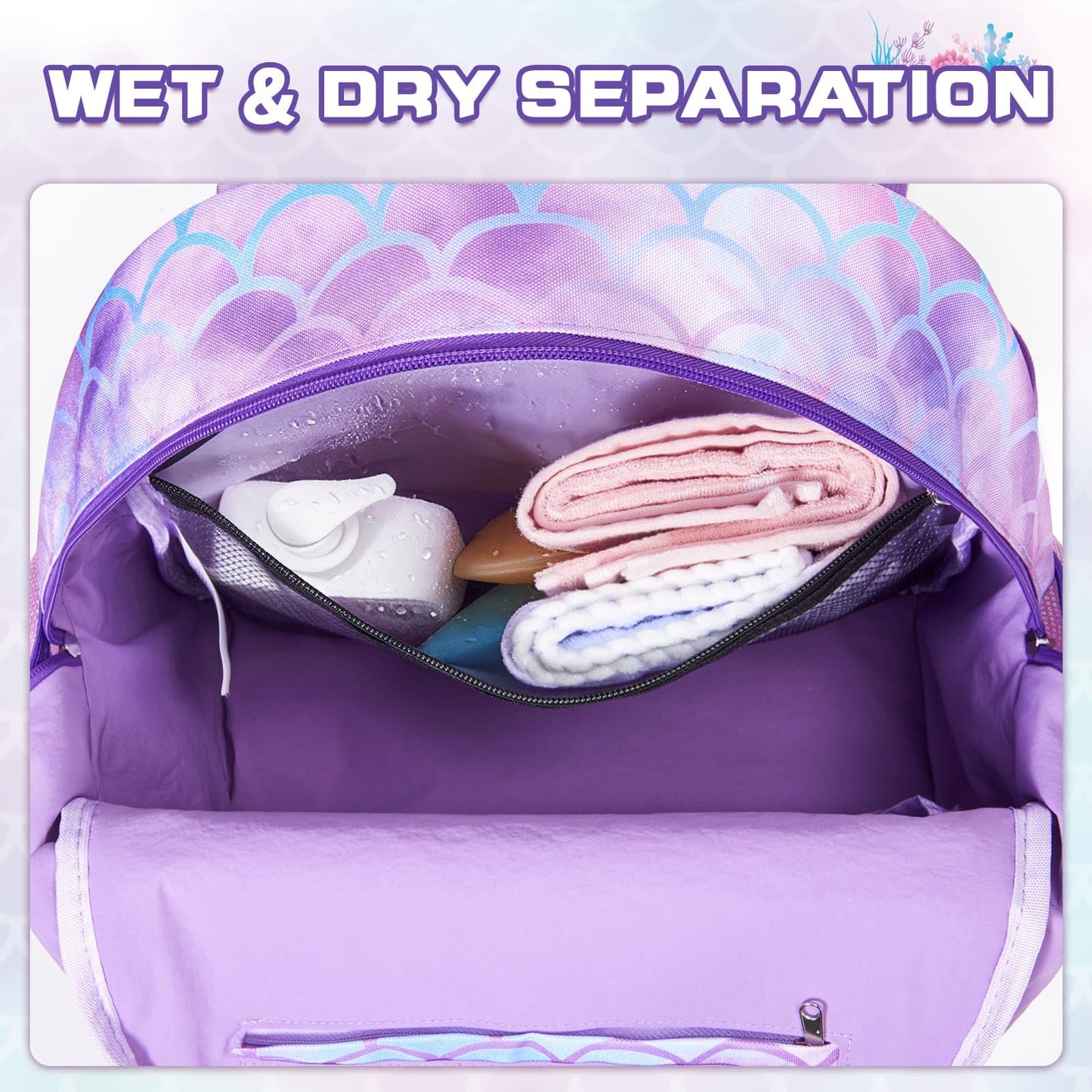 WAWSAM Mermaid Kids Swim Bag for Swimmers - Girls Beach Bag for Swimming with Wet Dry Compartments, Gym Sports Backpack with Shoes Compartment, Pool Bags Gym and Workout Gear