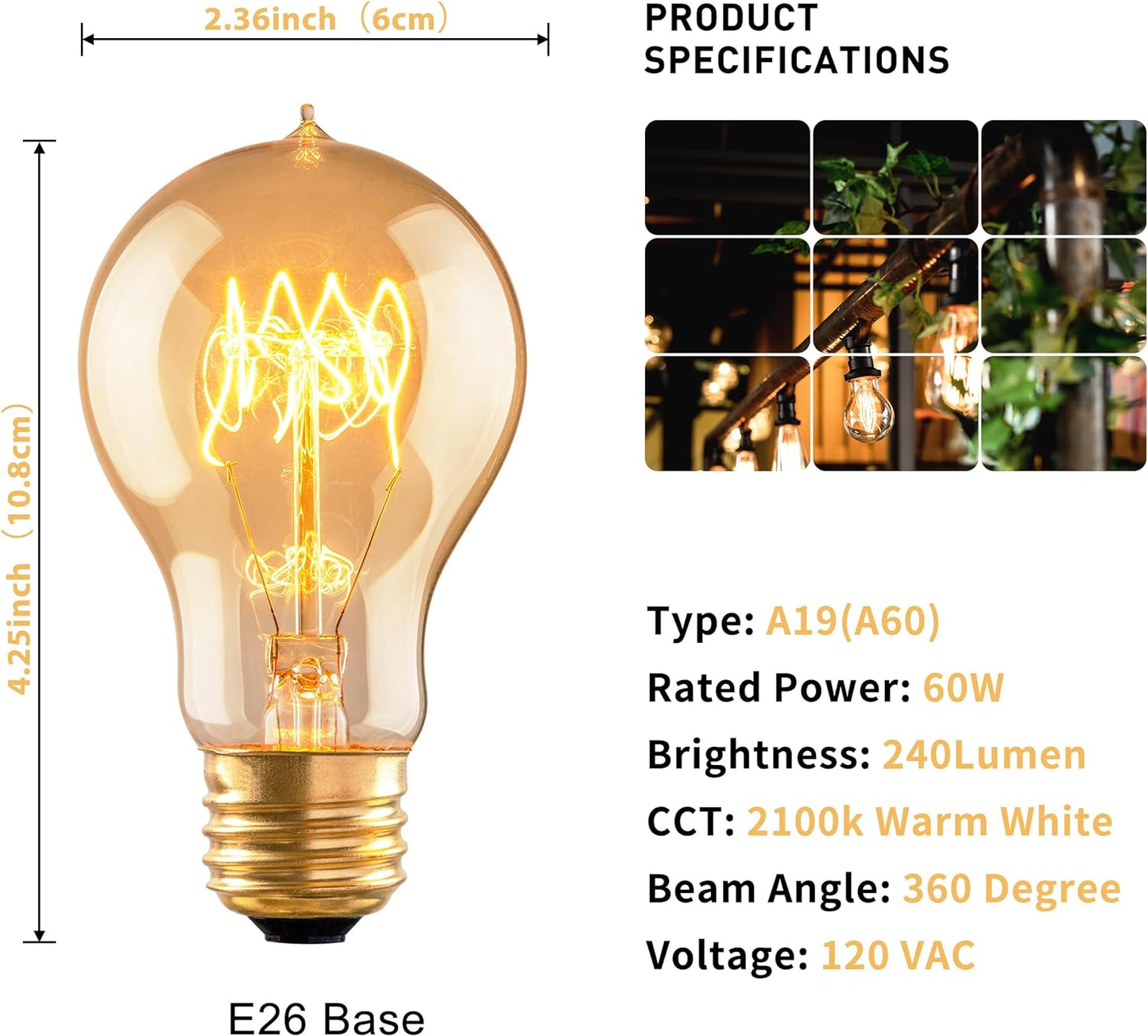60W Vintage Edison Light Bulbs - A19/A60 Soft Amber Dimmable Bulbs, 12 Pack