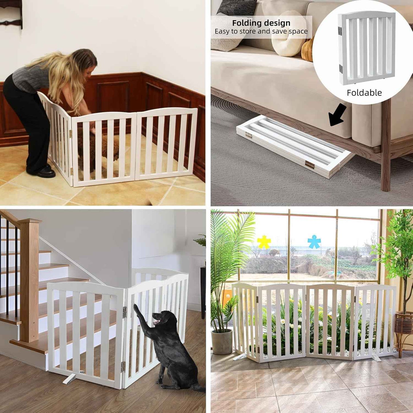 Foldable Indoor Dog Gate - 3-Panel Freestanding Pet Fence for Stairs & Hallways, 24" Height, White Wood