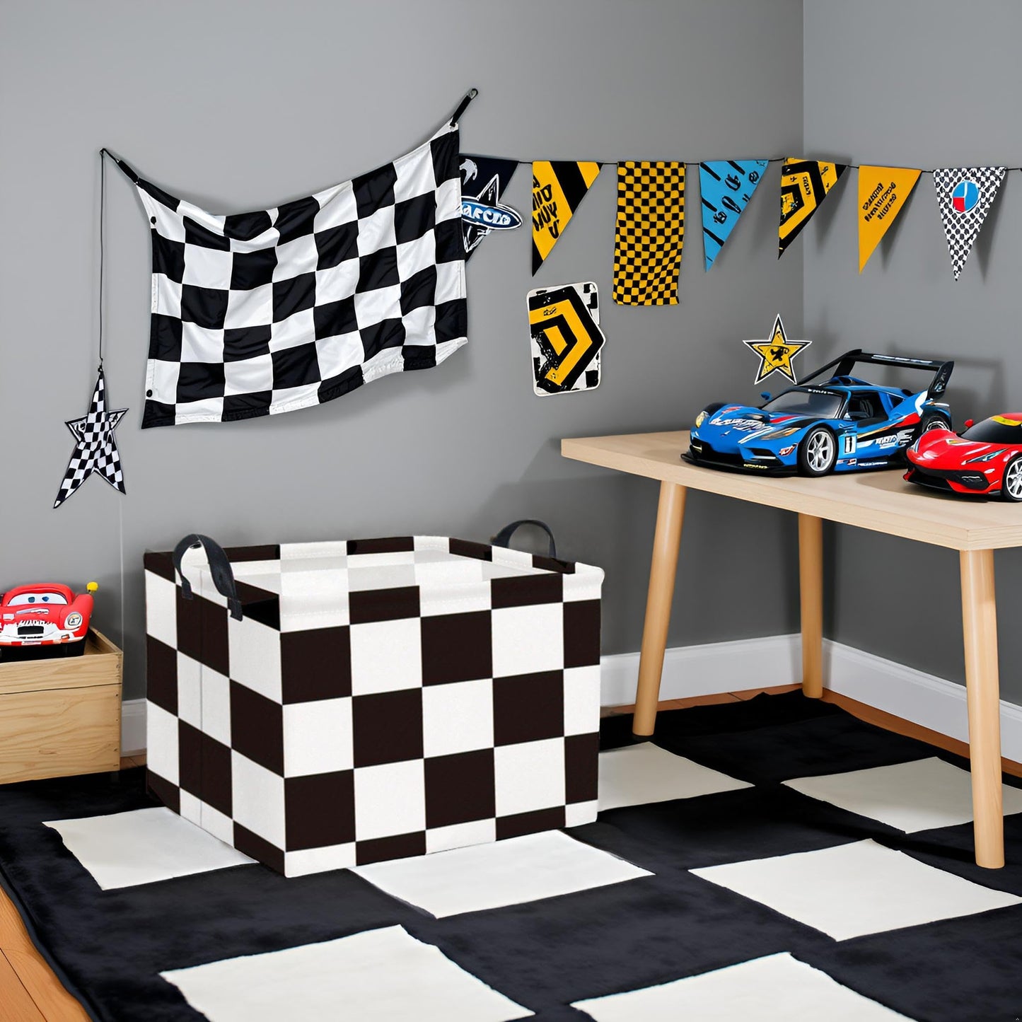 TIBAOLOVER Rectangular Checkered Basket Storage Bin Collapse Storage Basket with Handles for Organizing Home Kitchen Boys and Girls Toys Office Closet Shelf Baskets (Race Flag)