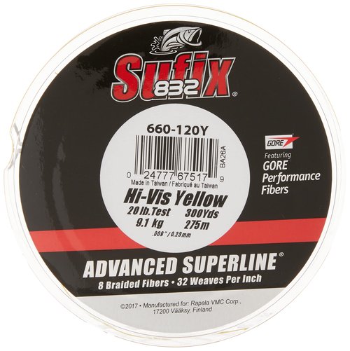 Sufix 832 Advanced Superline Braid, Hi-Vis Yellow, 20-Pound/300-Yard Spool (660-120Y)