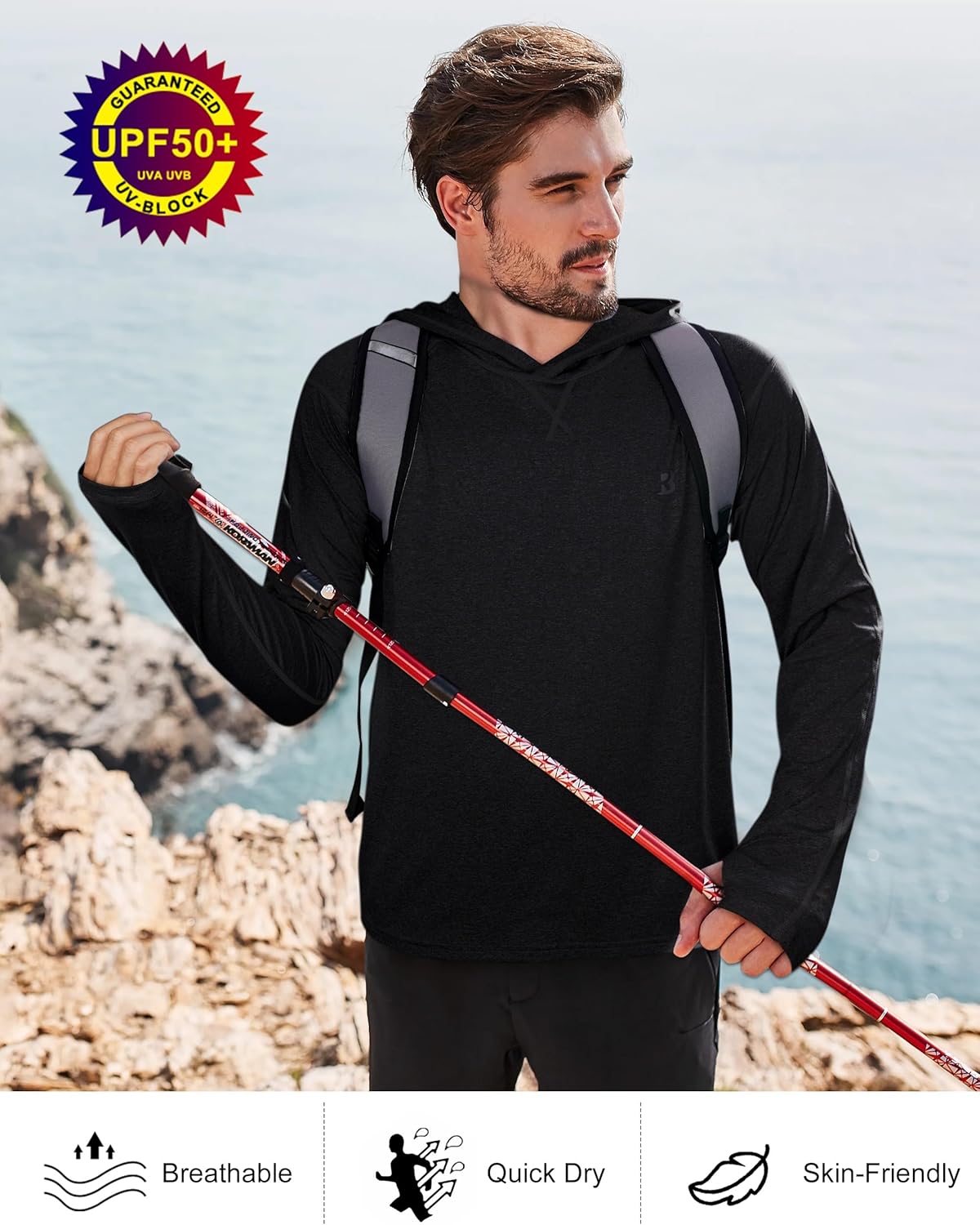 Roadbox Men's Fishing Shirt - UPF 50+ Long Sleeve UV Sun Hoodie for Hiking & Athletic Wear