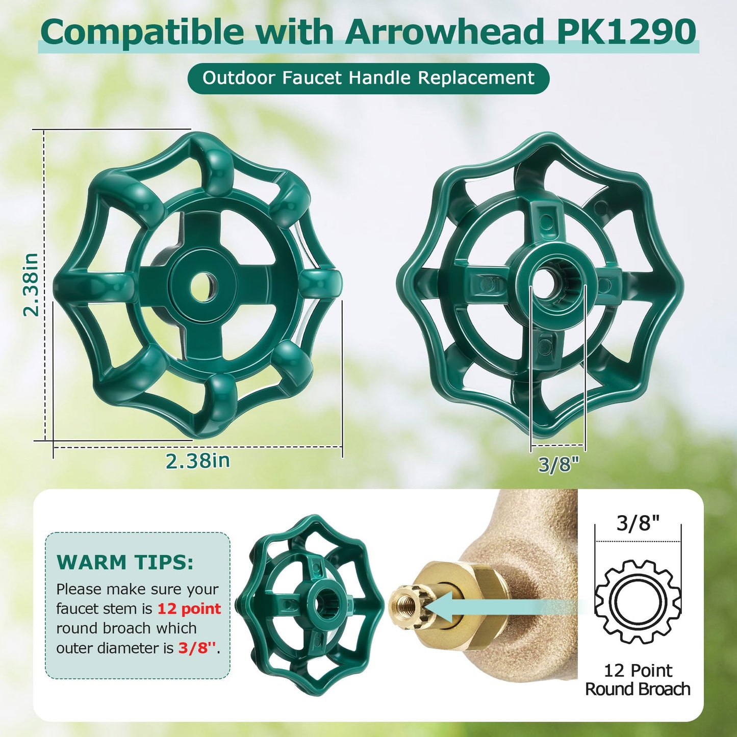 Dreyoo 2 Pack Outdoor Faucet Handles, 3/8 in Spigot Handles Compatible with Arrowhead PK1290, 12 Point Faucet Knob for Outside Hose Bibb, Garden Valves and Frost Proof Wall Hydrants(Green,Round)