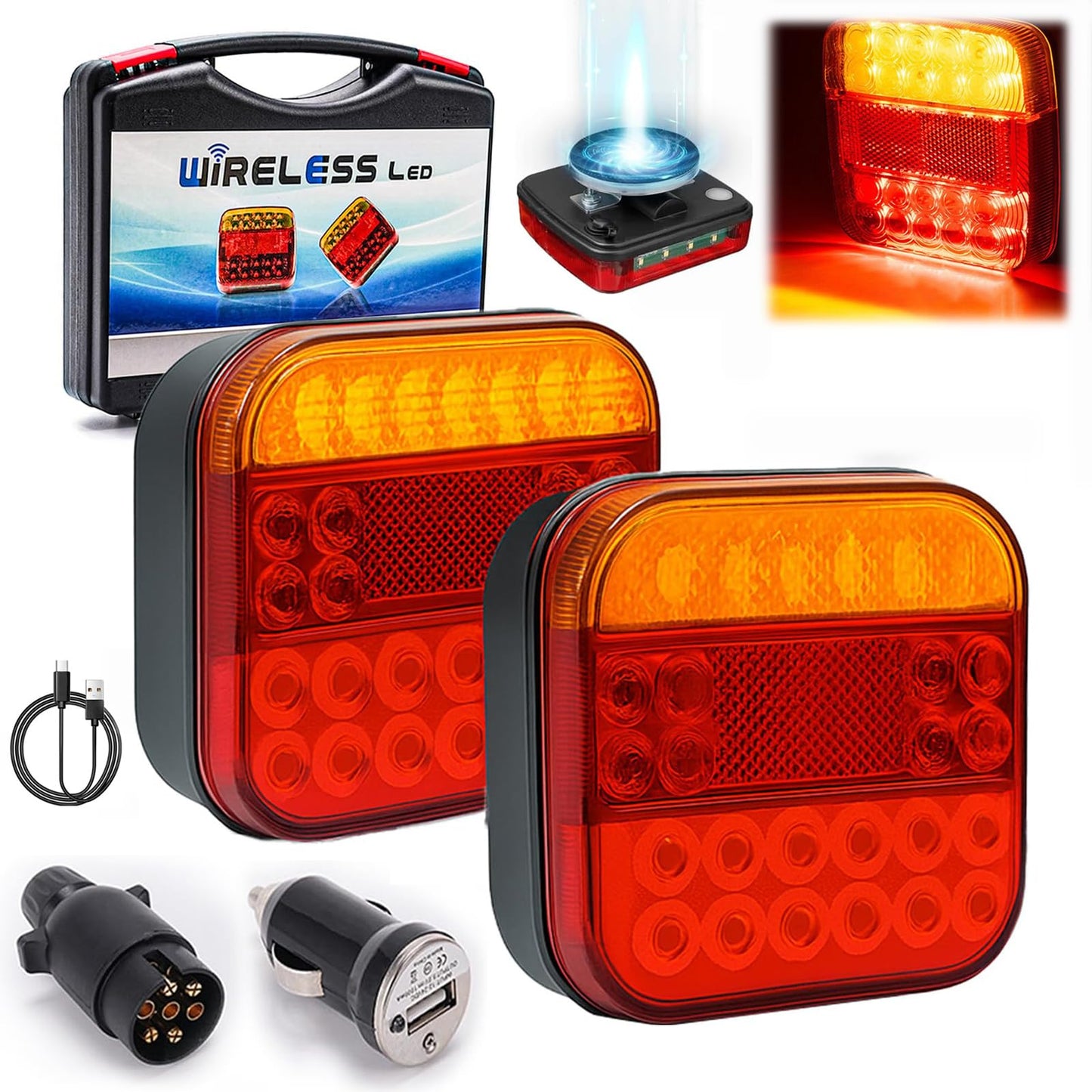 2025 Wireless Trailer Lights Kit, Magnetic Wireless Tail Lights Kit For Trailer, Wireless Tail Lights,Rechargeable Towing Light Kit With Powerful Suction Base For Trucks, Boat, Rv, Vehicle (1Set)