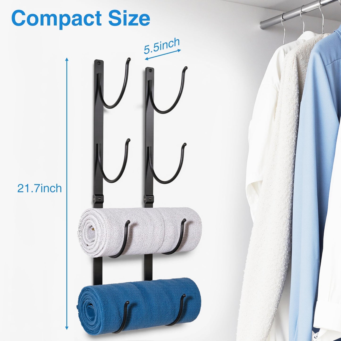 Bathroom Rolled Towel Rack: 4-Tier Wall Mounted Towel Storage Holder, Hanging Organizer for Towels, Blankets, Large Bath Sheets, Space Saving in RV, Closet, Toilet, Cabinet, Black Metal