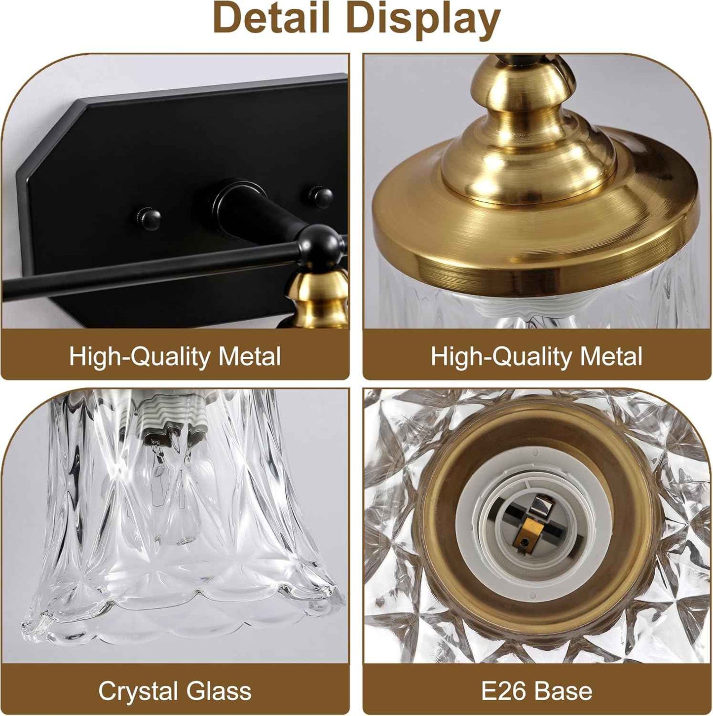 3-Light Vintage Bathroom Vanity Light Fixture - Black & Gold Antique Design with Crystal Glass Shade