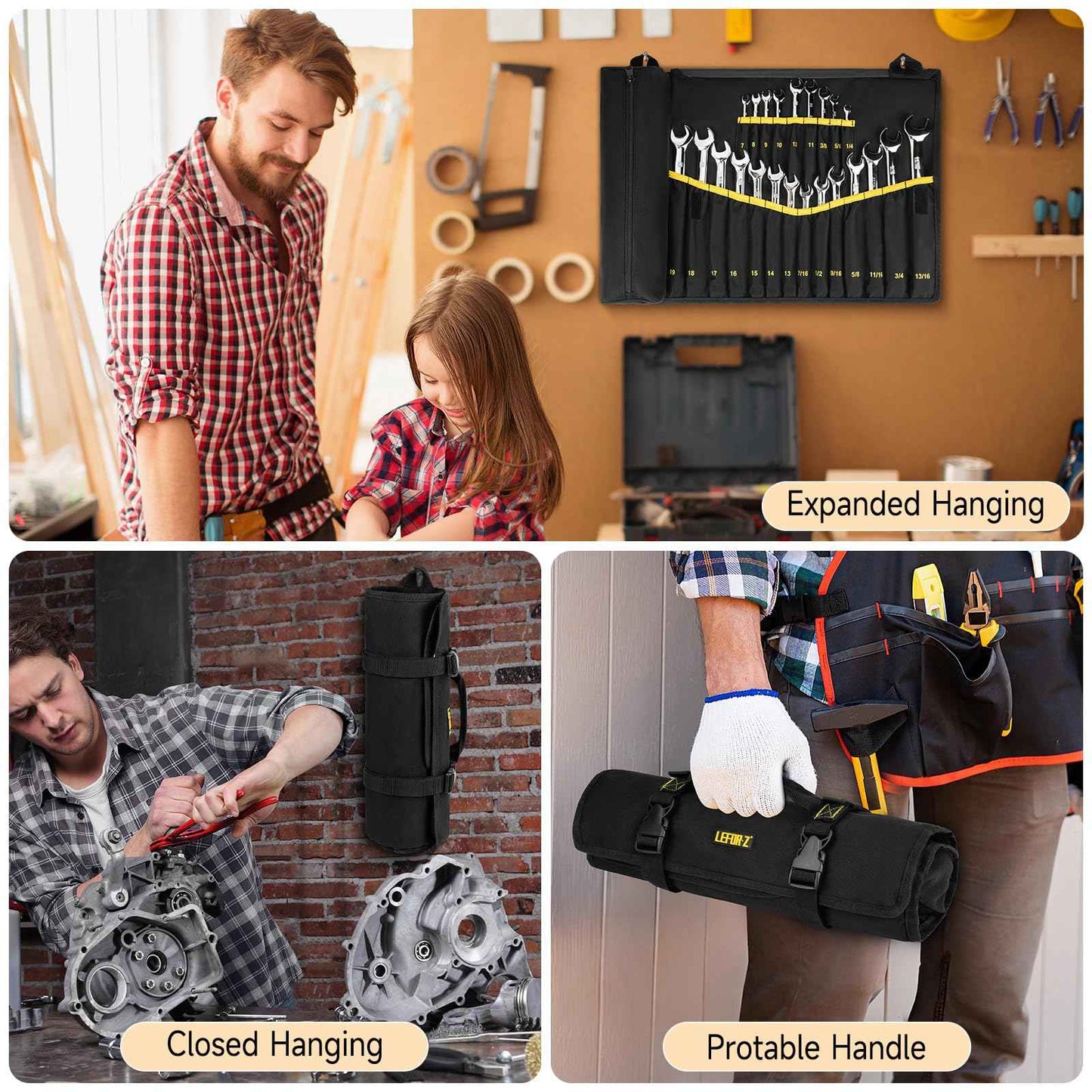 Wrench Roll Organizer (NOT for Ratcheting Wrench),Wrench Roll Up Pouch with 23+1 Pockets,Heavy Duty Tool Roll for Metric & SAE Wrenches,Large Wrench Holder Organizer Bag for Men,Mechanics(Black)
