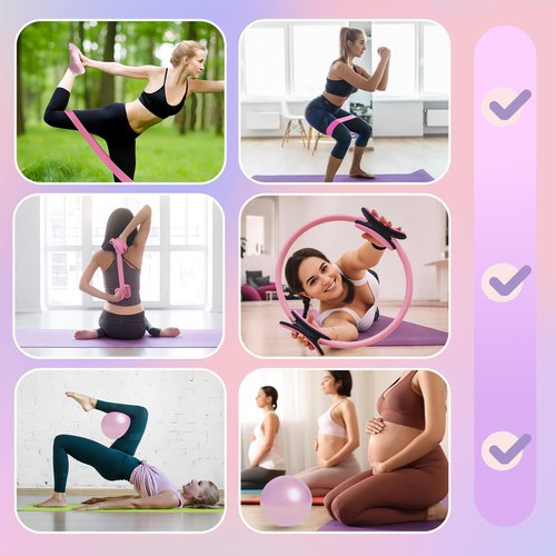 Lulong Pilates Ring Circle Set 10 pcs Pilates Equipment Accessories for Home Workouts 9.8” Pilates Ball 12” Magic Circle Yoga Ring and Resistance Bands for Women Pilates Ring and Ball Set Gift (Pink)