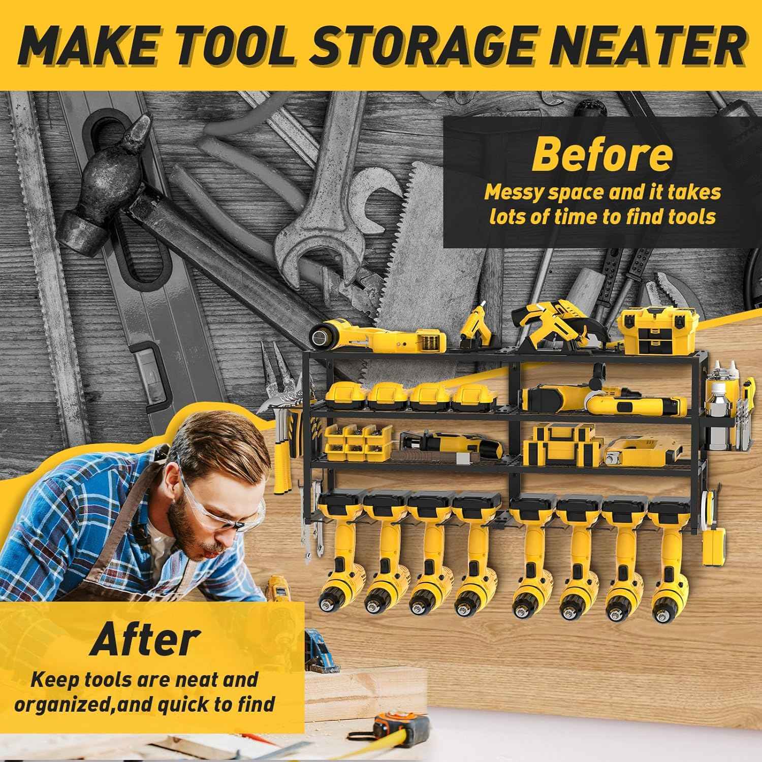 Heavy-Duty Wall-Mount Power Tool Organizer - 3 Extra Large Layers, 300lbs Capacity, 8 Cordless Drill Holders for Garage & Workshop