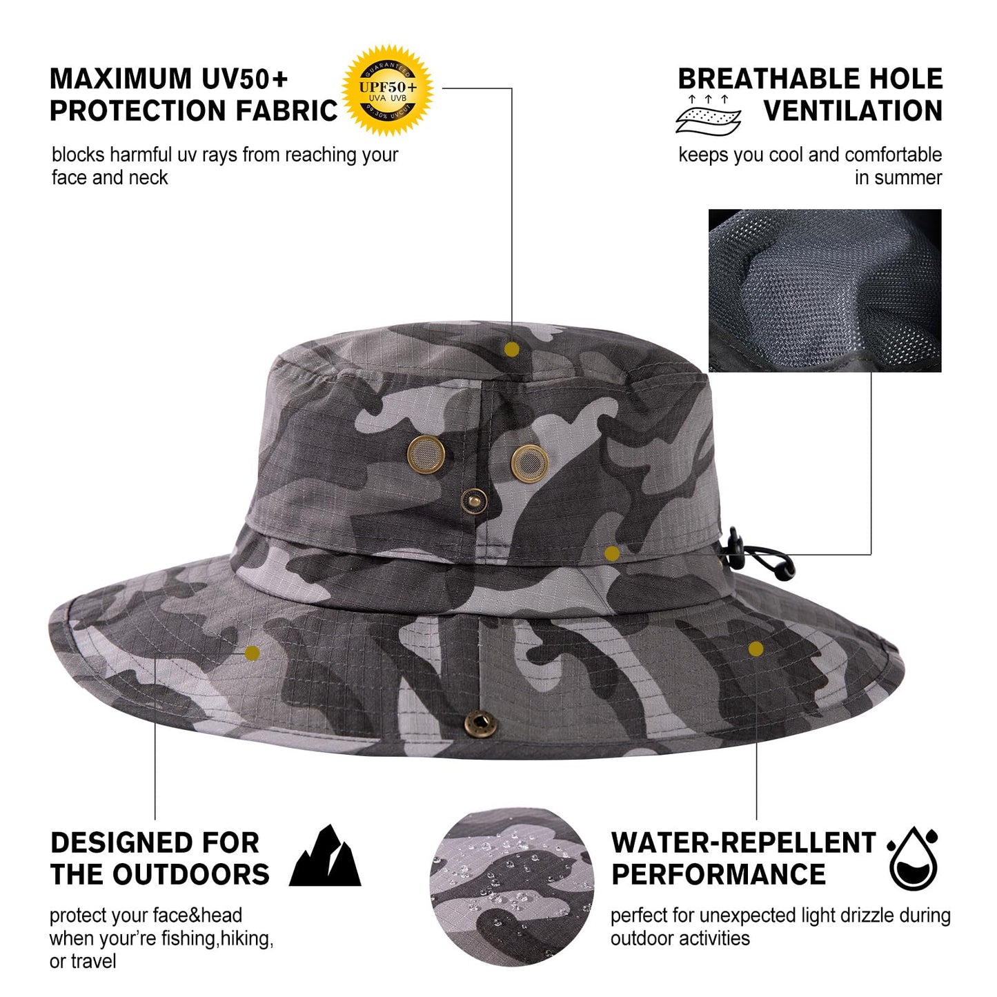Comhats Waterproof UPF 50+ Sun Boonie Bucket Hat for Men, Grey Camo L/XL