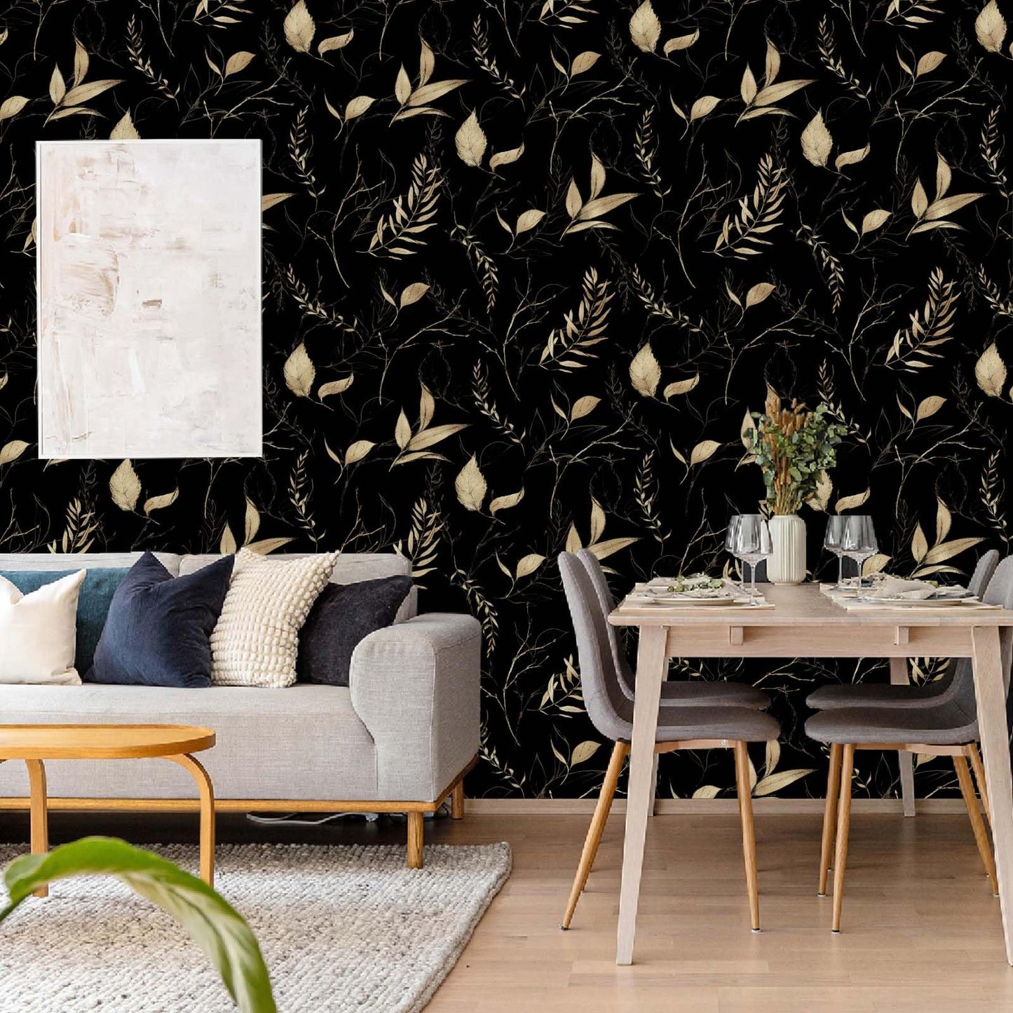 Akodm Black and Champagne Gold Leaf Wallpaper Peel and Stick Botanical Vintage Contact Paper for Cabinets Drawers Bathroom Removable Self Adhesive Thick Vinyl Waterproof Luxury Wallpaper 17.7"x70.8"